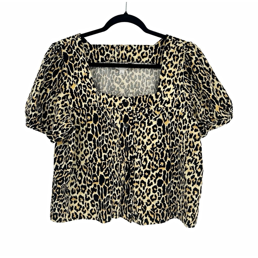 Calligraphe Women's Large Leopard Linen Blend Puff Sleeve Square Neck Blouse